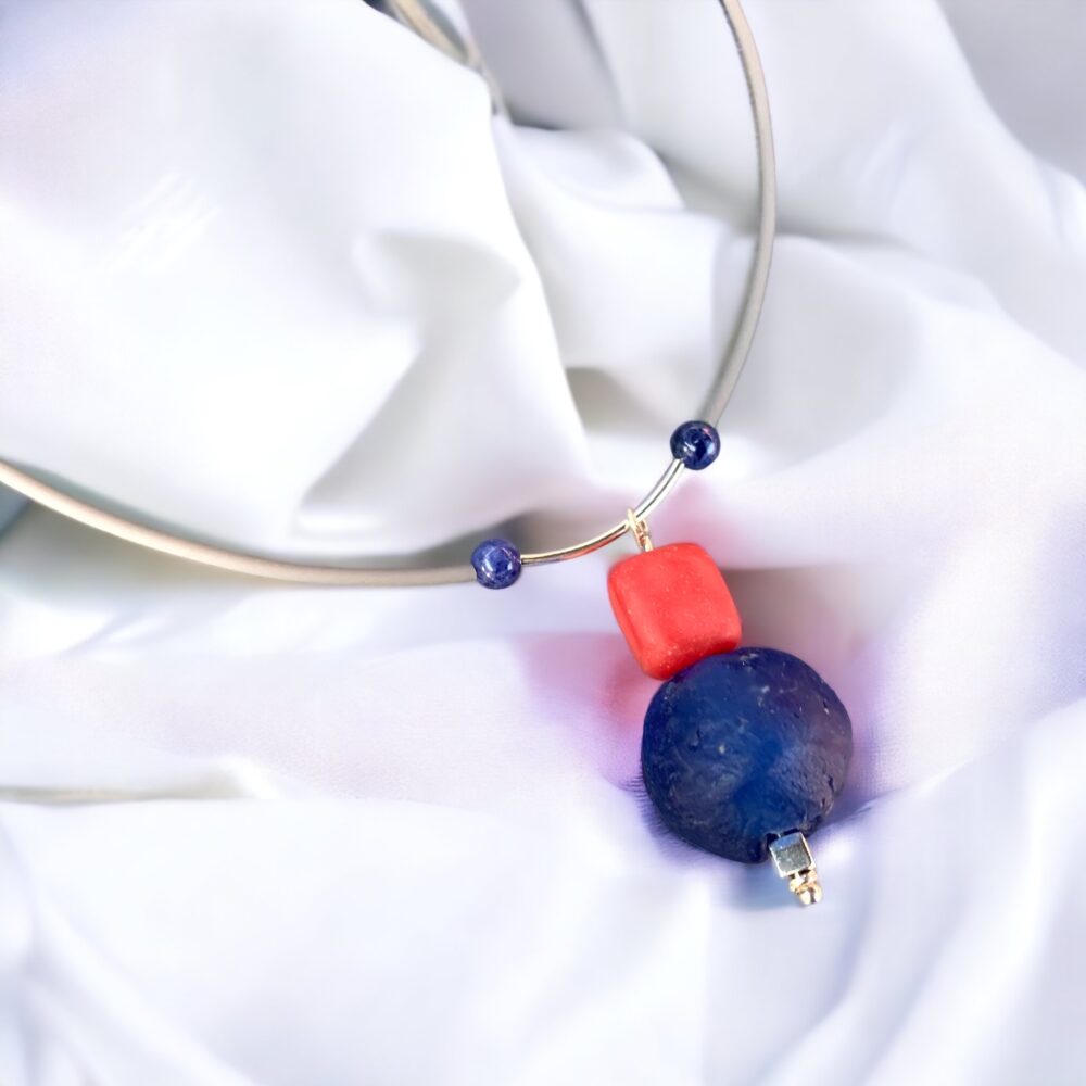 Red and Cobalt necklace with African vintage glass and silver